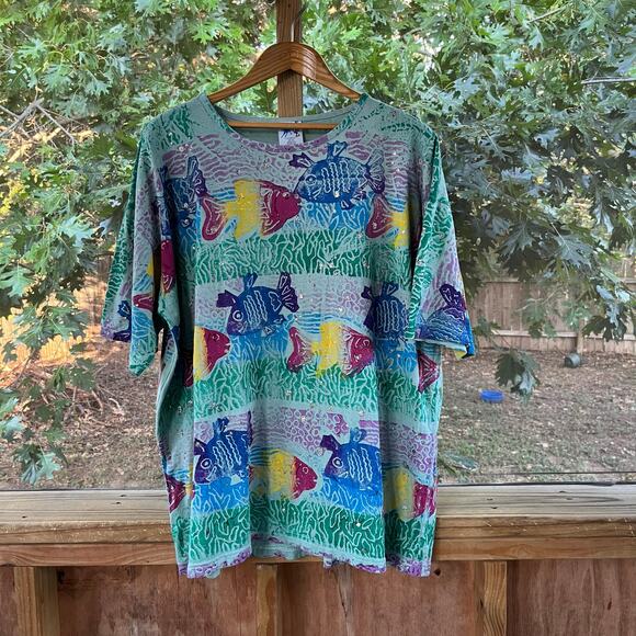 EZL Women's Vintage Green Silk Screen Fish Print Tee One Size - Picture 1 of 8